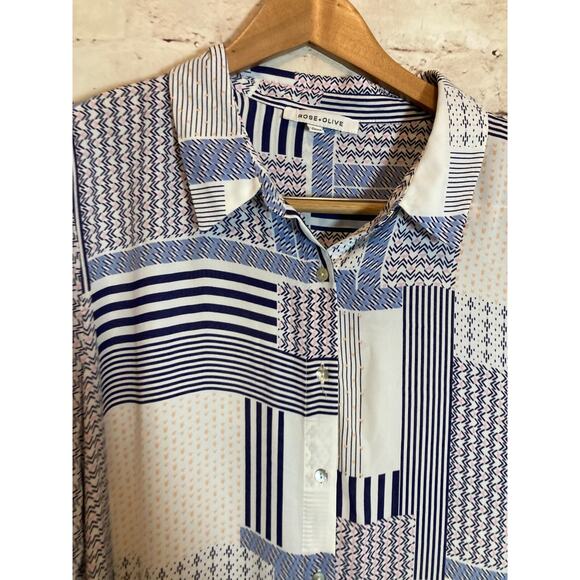 Rose + Olive Top Womens 2X Blue & Pink Patchwork Mixed Print Button Up Artsy - Picture 3 of 14